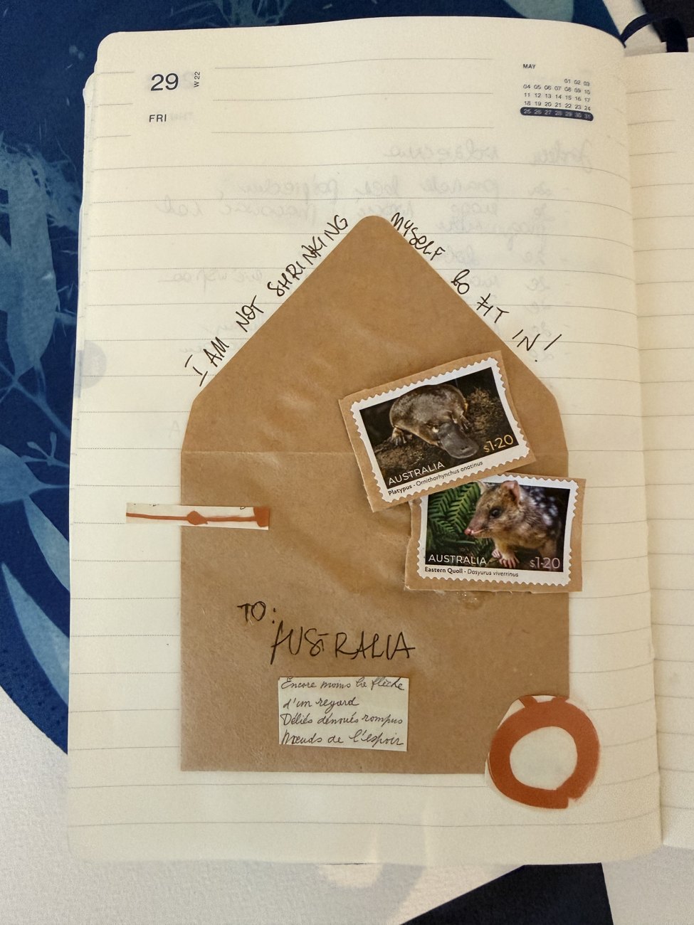 A collage in a journal: a kraft envelope addressed TO: AUSTRALIA with Australian animal stamps, and a handwritten line, I am not shrinking myself to fit in