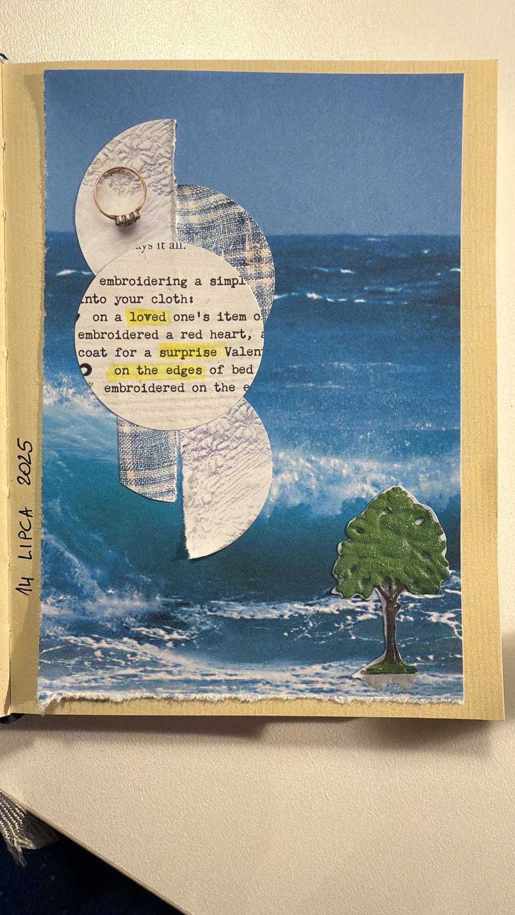 A collage made in a session, sea and a small tree with cut paper and a few words, the kind of image work we do together